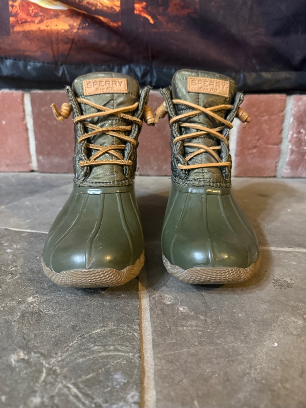 Sperry Olive Green and Tan Duck Rain Boots
